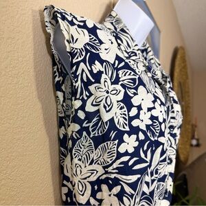 Vintage 70s Navy White Floral Cotton Sleeveless Midi Dress Resort Summer 11 12